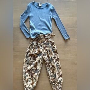 Zara Blue Ribbed Knit Top & tan and blue camo balloon pants